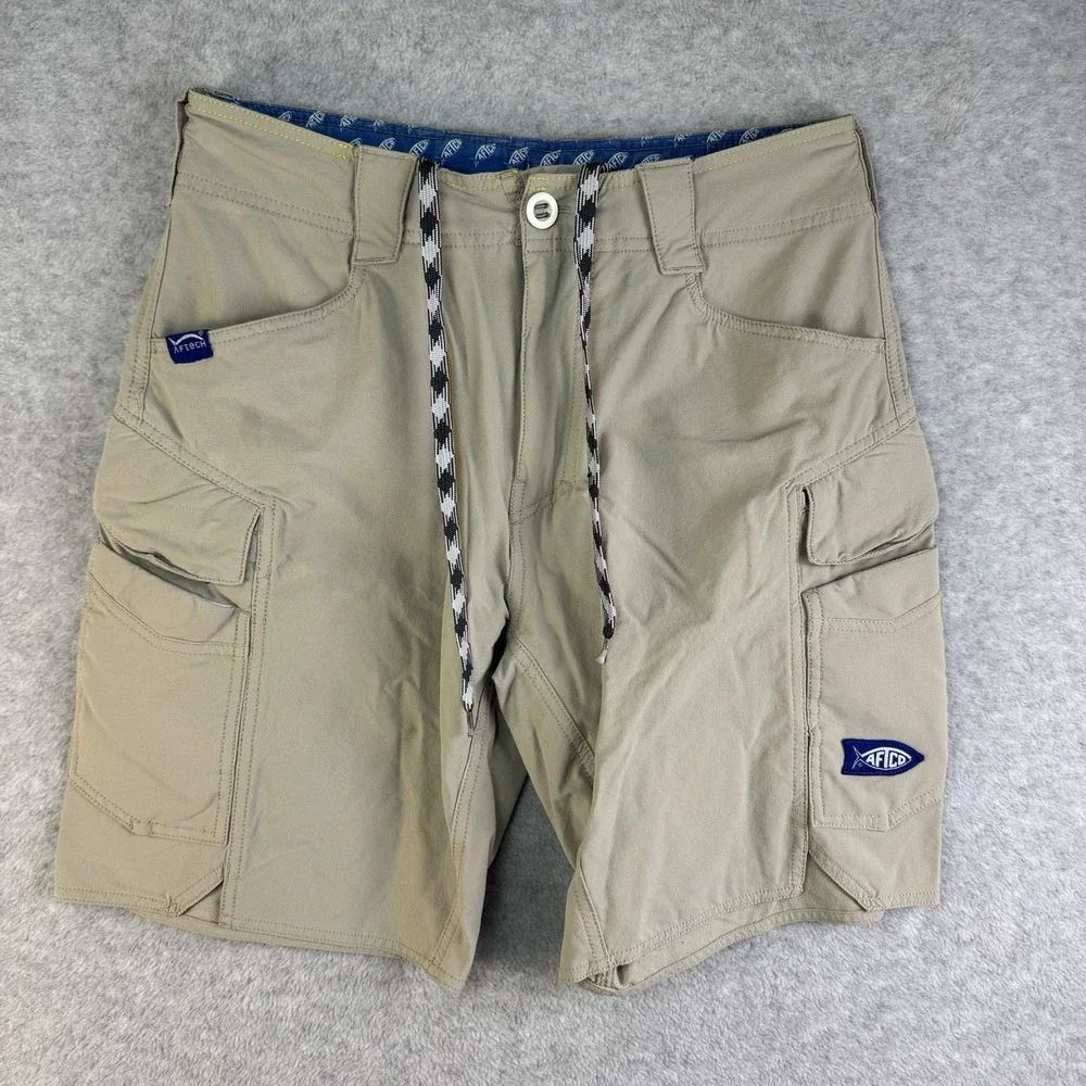 Aftco Pact Fishing Cargo Shorts Men's 28 Khaki Drawstring Stretch Outdoor Aftech